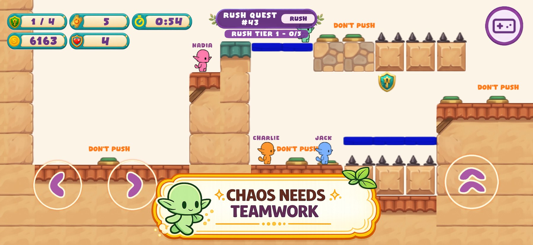 Four Pippins pushing crates during Rush Quest 42
