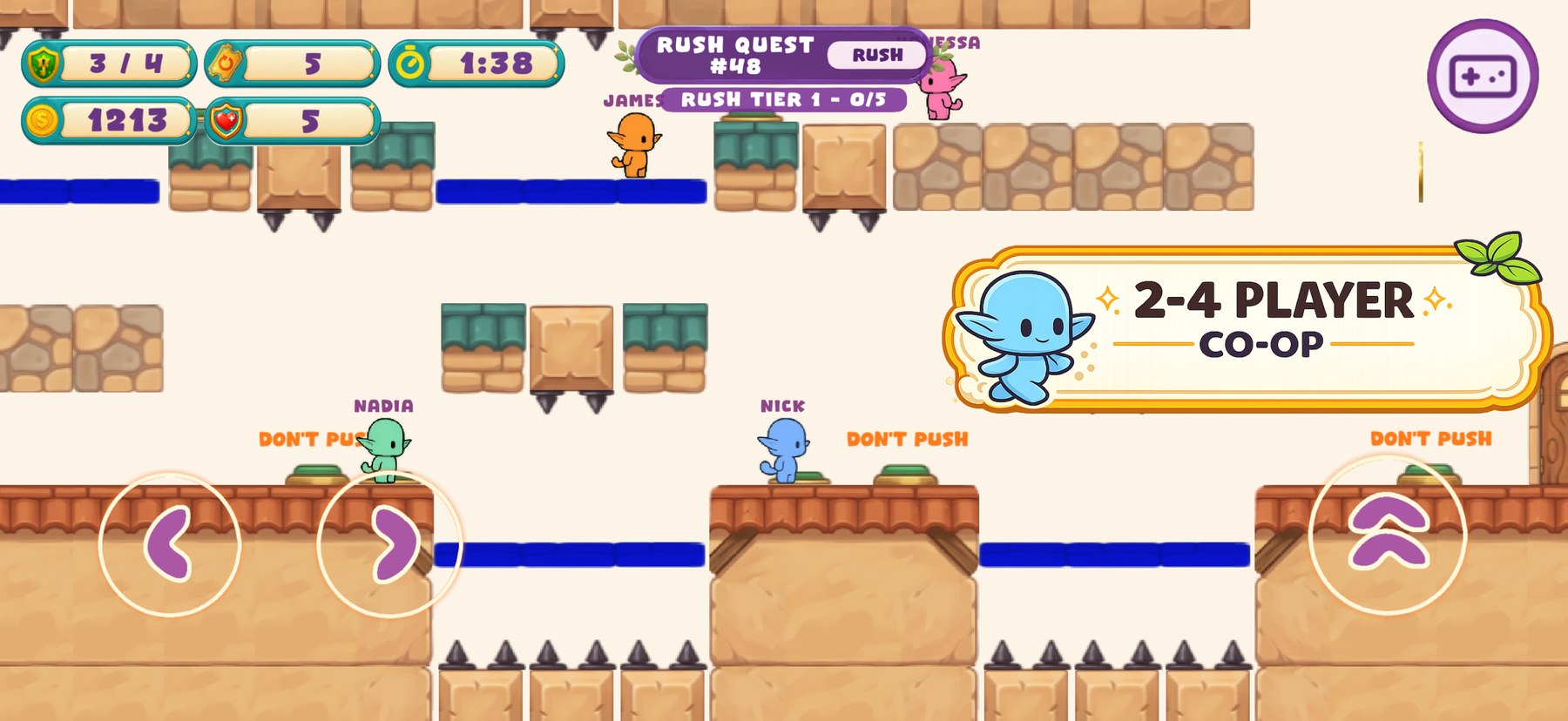 Four Pippins working through a co-op puzzle level
