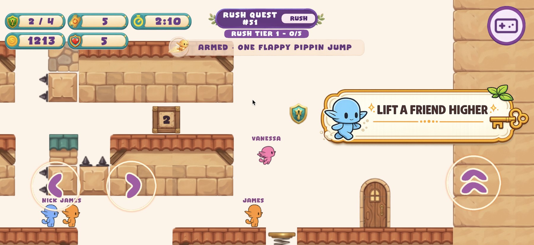 Four Pippins working through a Rush Quest level with the flappy jump booster armed