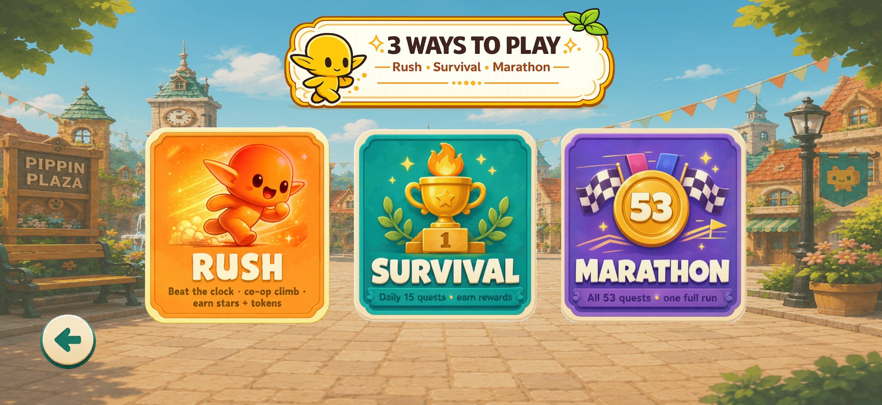 Pippin Plaza mode selection showing Rush, Survival and Marathon