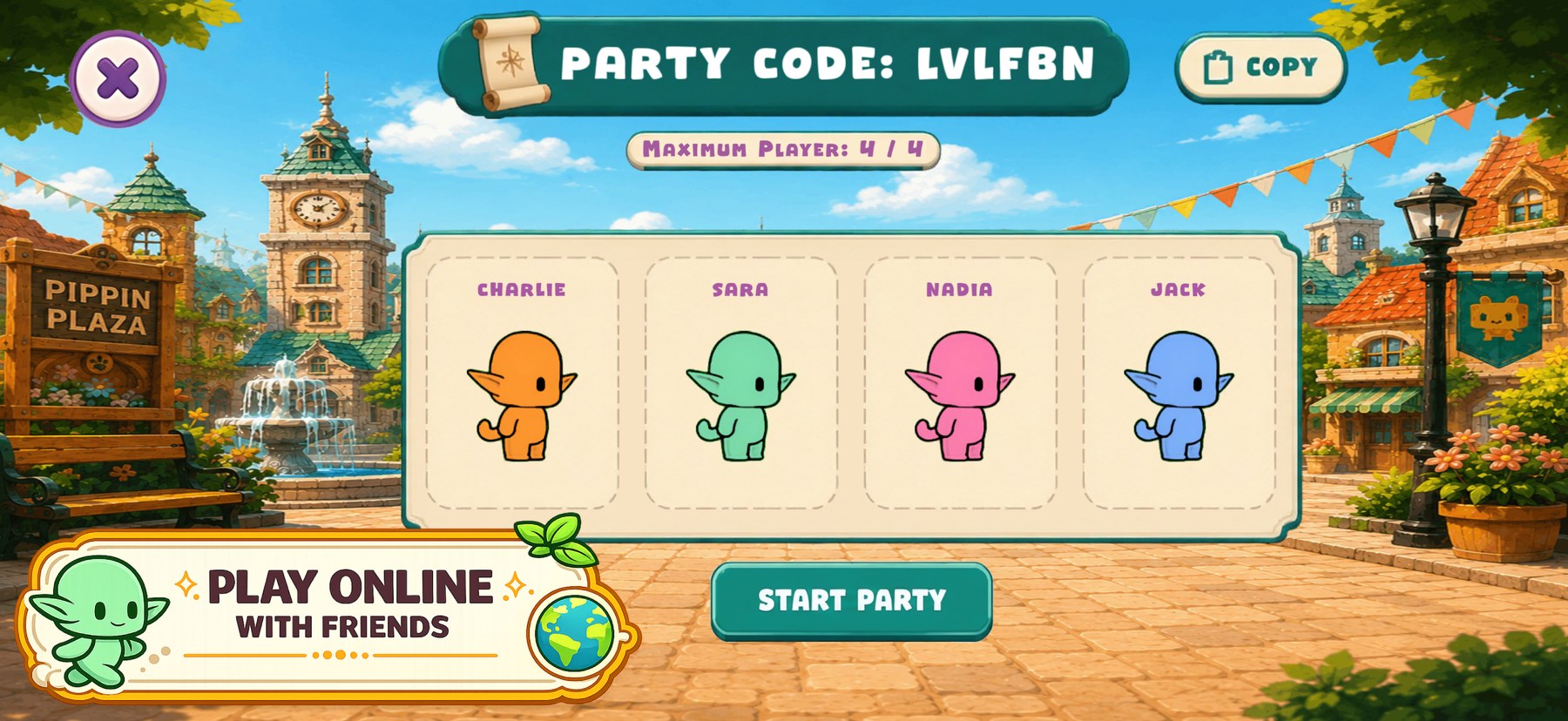 Online party lobby with a six-character party code