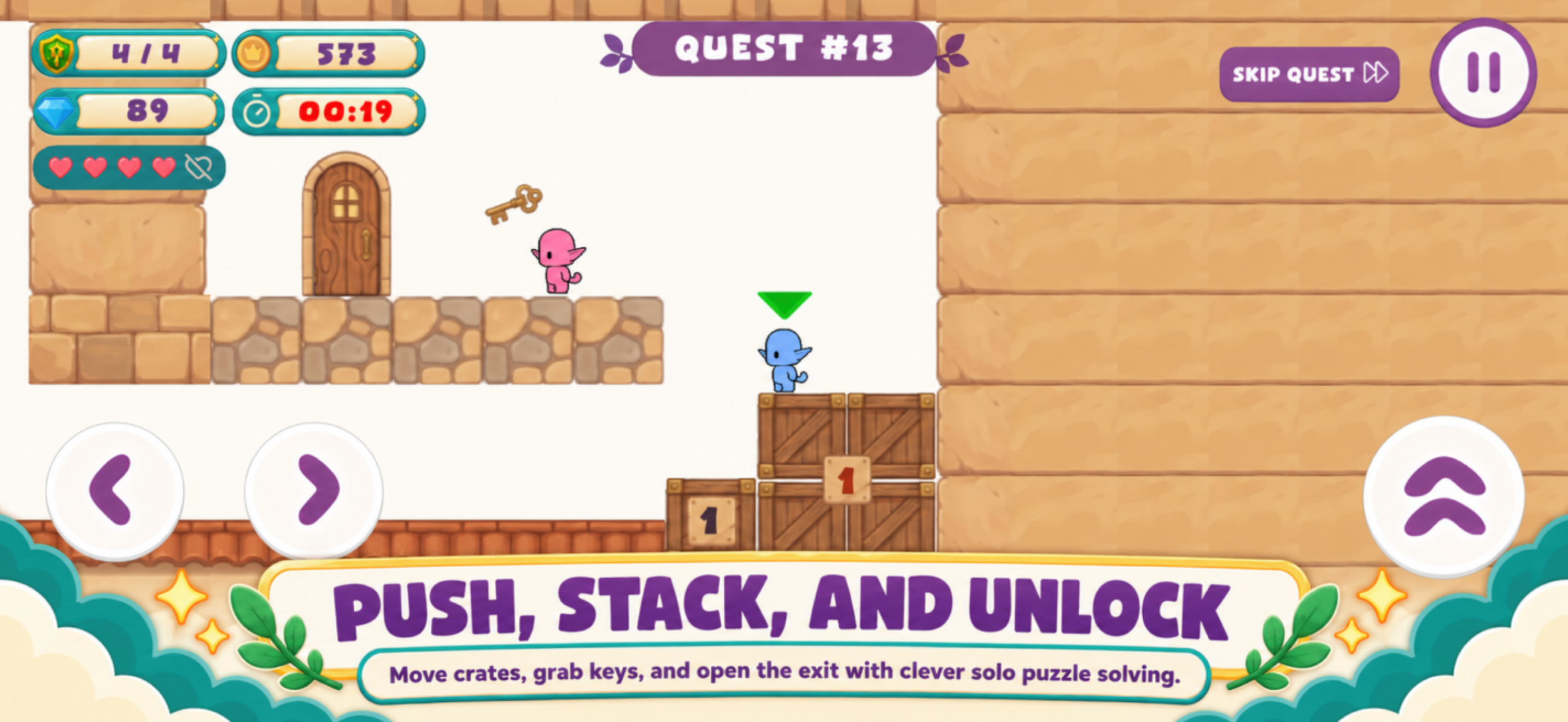 Pippins pushing and stacking objects to solve a solo puzzle
